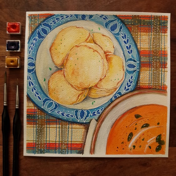 Cheesy scones and pumpkin soup on an autumn day original art 