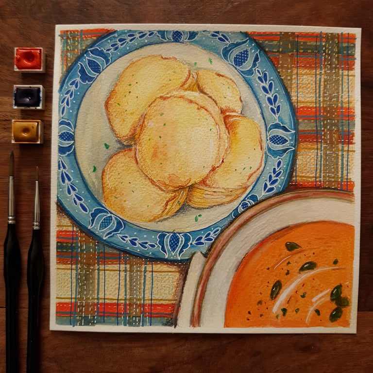 Cheesy scones and pumpkin soup on an autumn day original art 