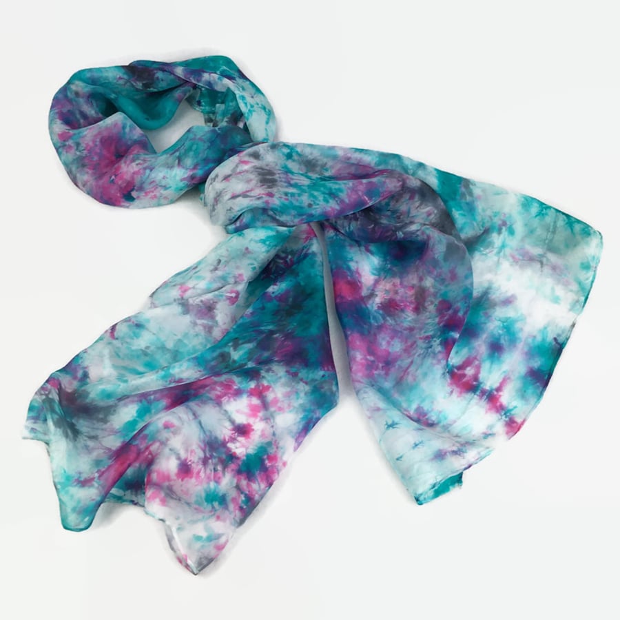 Hand dyed silk scarf in turquoise, pink and black
