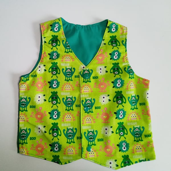 Boys Waistcoat, Age 2 years, reversible boys monster waistcoat, boy's clothing