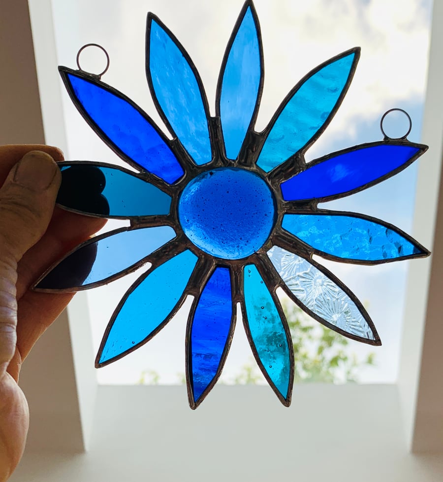 Stained Glass Daisy Suncatcher Handmade Hanging Decoration - Blue