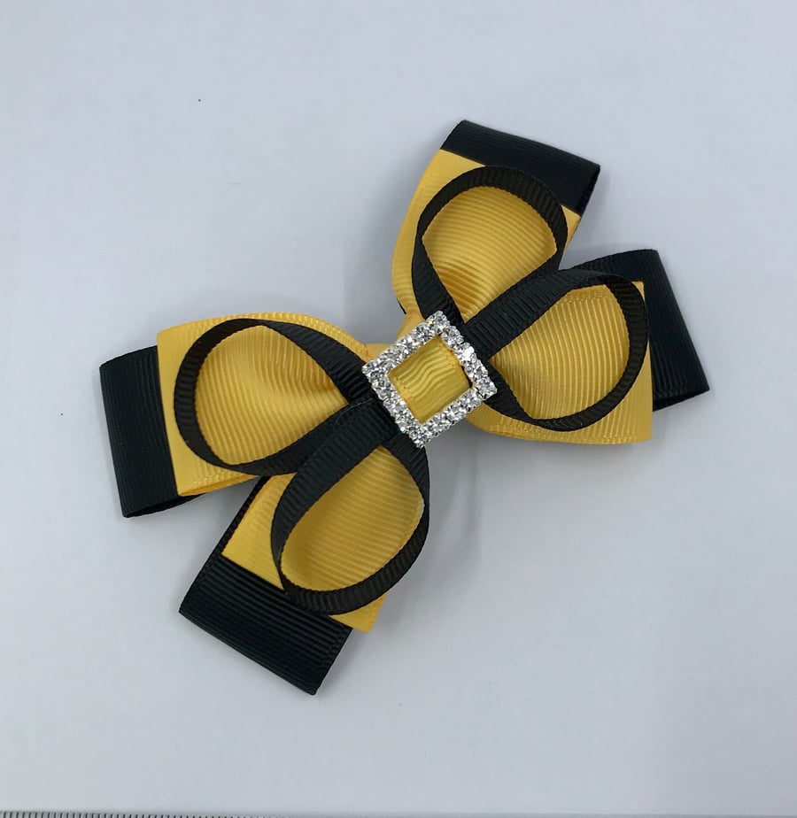 Black and Yellow Gold Double Layer Bow with Black Loops on Clip
