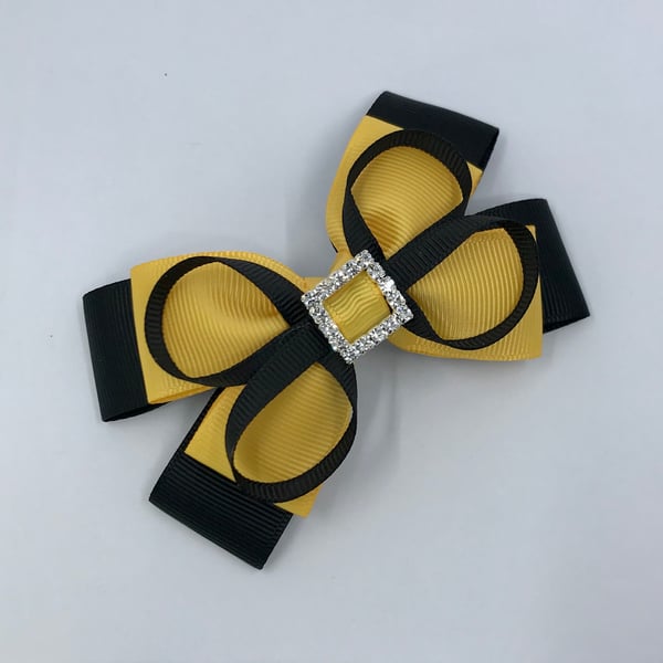 Black and Yellow Gold Double Layer Bow with Black Loops on Clip