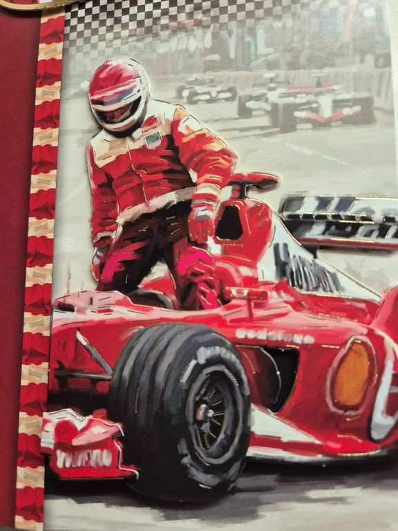 Male racing car formula one card.