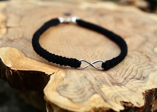 Black Cotton Bracelet with Silver Infinity, Unisex Cotton Anniversary Gift