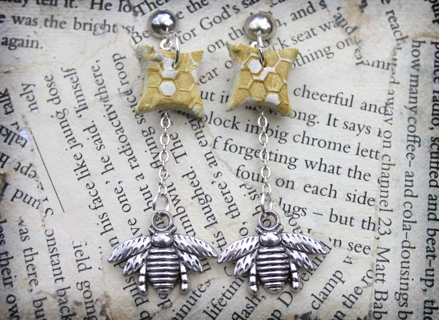 SALE Bee Charm and Honeycomb Clay Dangle Stud Earrings