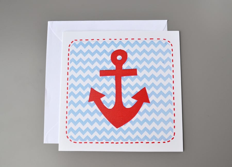 SALE - Red anchor blank card with blue chevron background