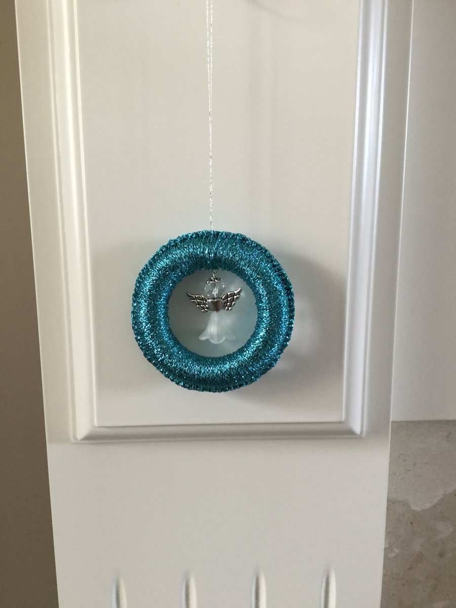 Crochet Turquoise Christmas Tree Decoration with Beaded Angel 