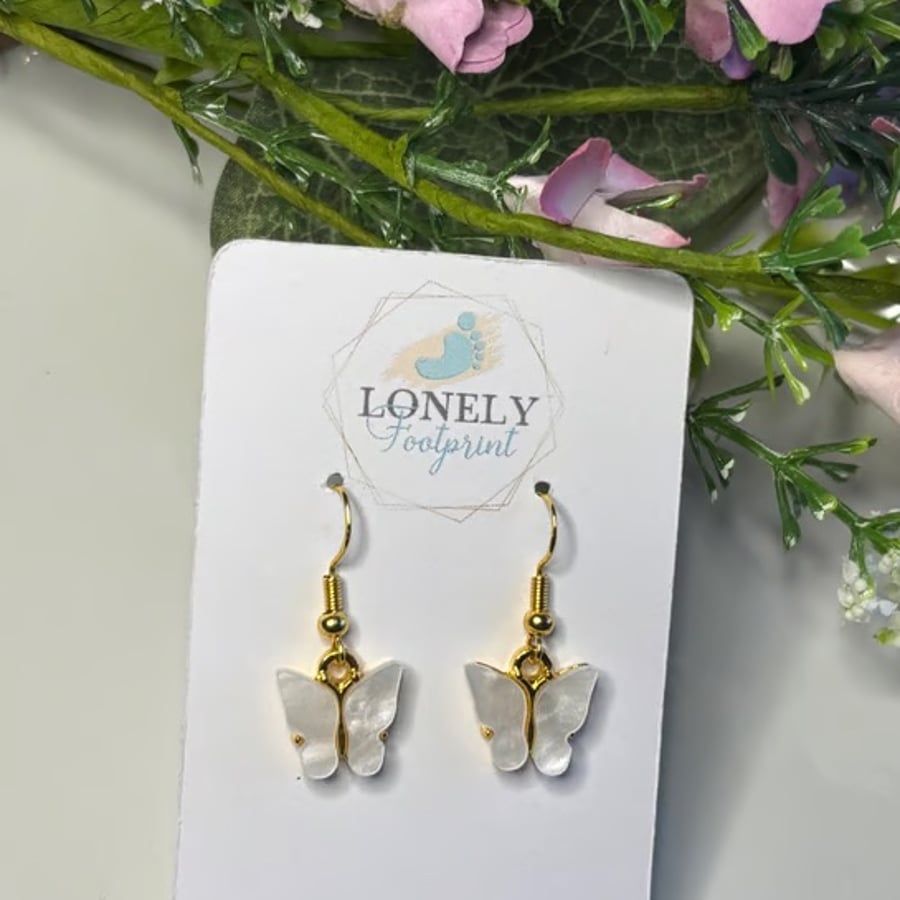 White Butterfly Earrings, Charm Earrings, Handmade Jewellery 