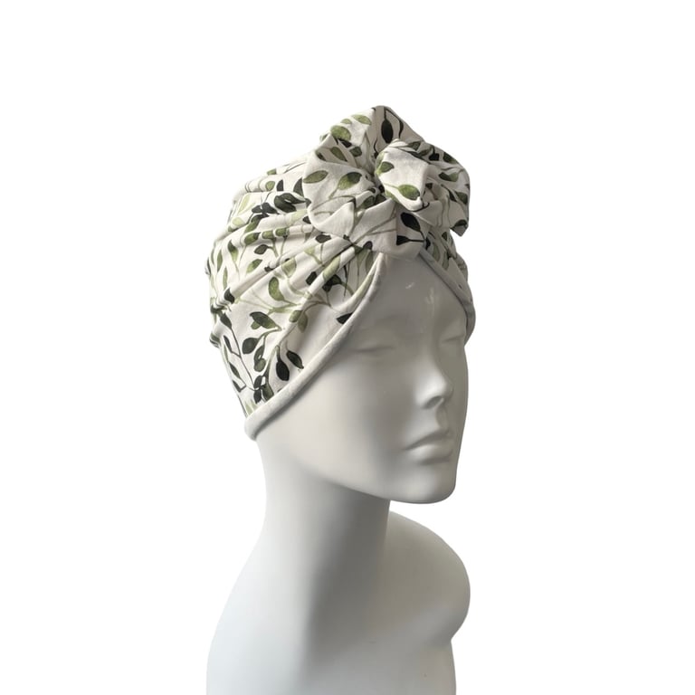 White Leaf Turban Head Wrap for Women Stretchy Rosette Cotton Jersey Cap