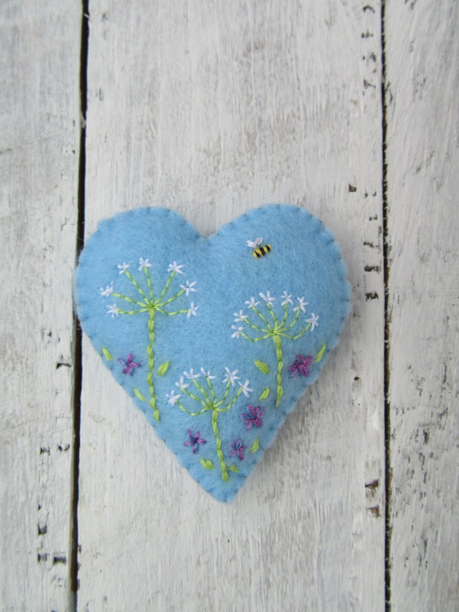 Hand embroidered pocket hug, cow parsley flower heart 