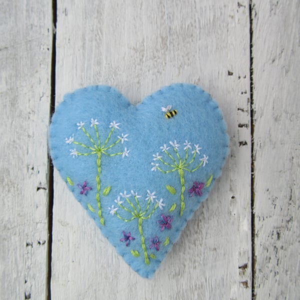 Hand embroidered pocket hug, cow parsley flower heart 