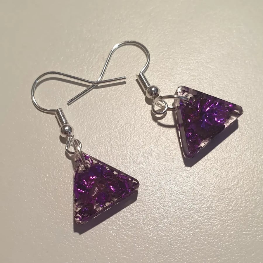 Triangle purple metallic flakes resin earrings