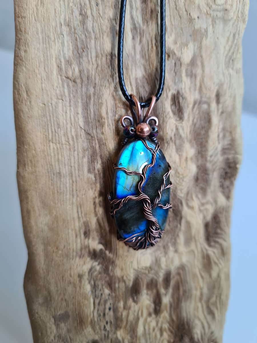 Natural Blue Labradorite & Copper Tree of Life Pendant Gift Crystal Jewellery 