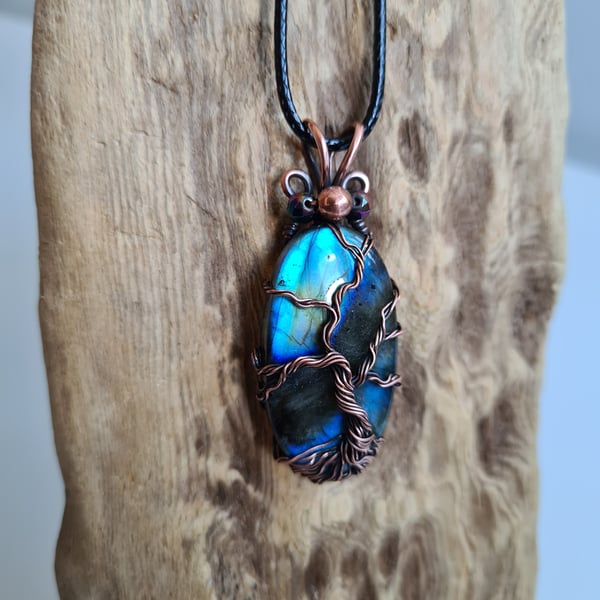 Natural Blue Labradorite & Copper Tree of Life Pendant Gift Crystal Jewellery 
