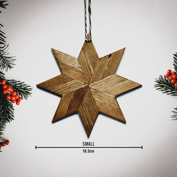 Small Handmade Wood Xmas Star, Antique Oak Stain, Scandi Style