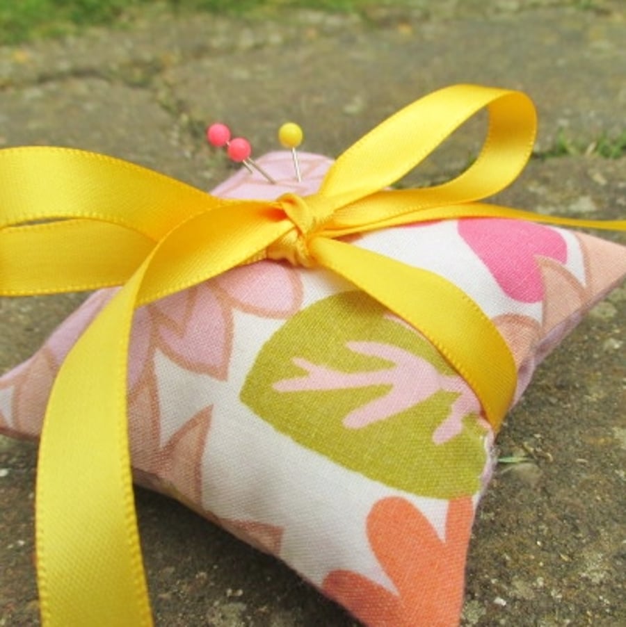 Pin Cushion Vintage fabric floral pink yellow