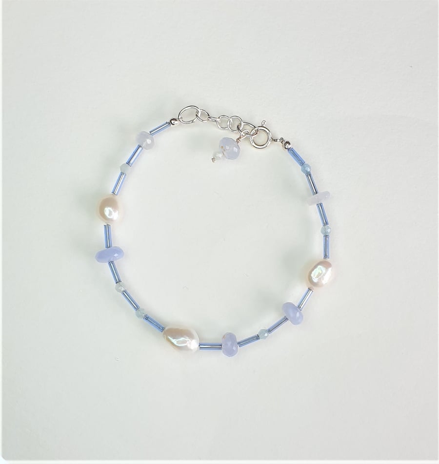 Natural Blue Chalcedony, Aquamarine & Freshwater Pearl Sterling Silver Bracelet