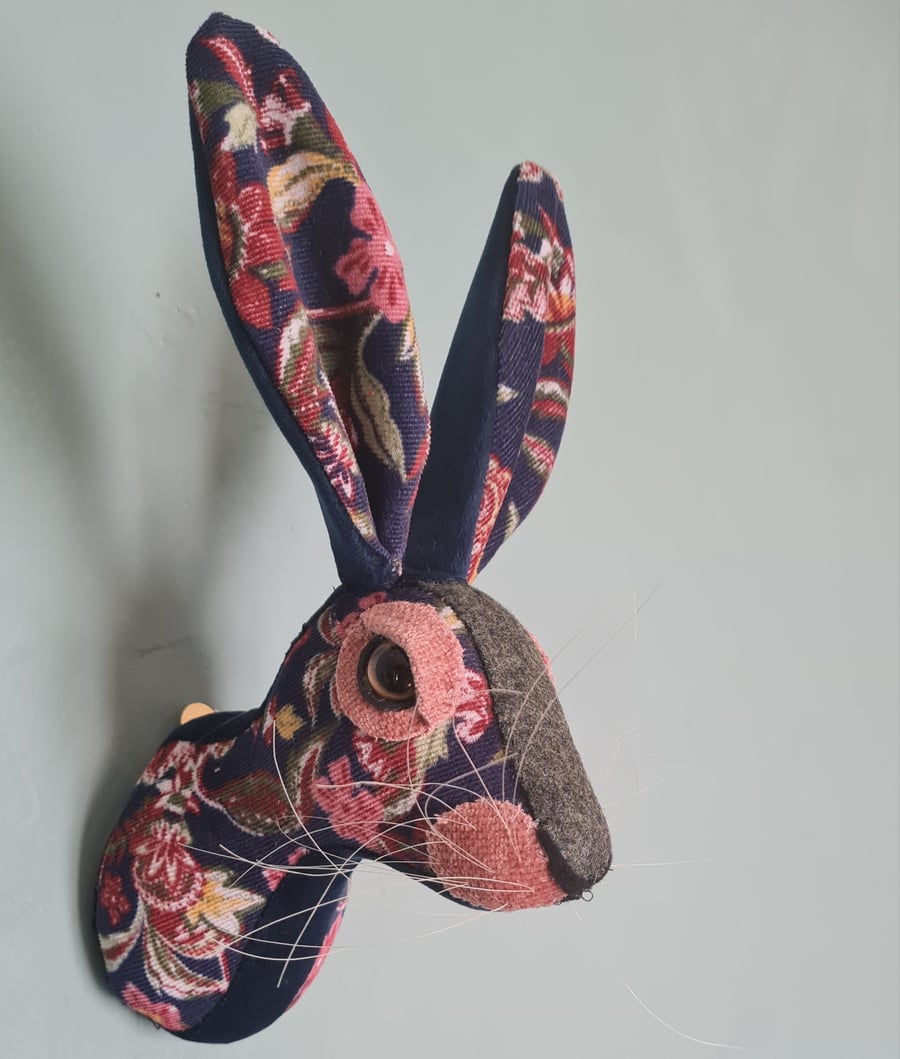 Faux hare head wall mount in floral needlecord fabric- Hemlock