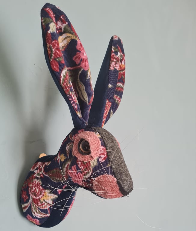 Faux hare head wall mount in floral needlecord fabric- Hemlock
