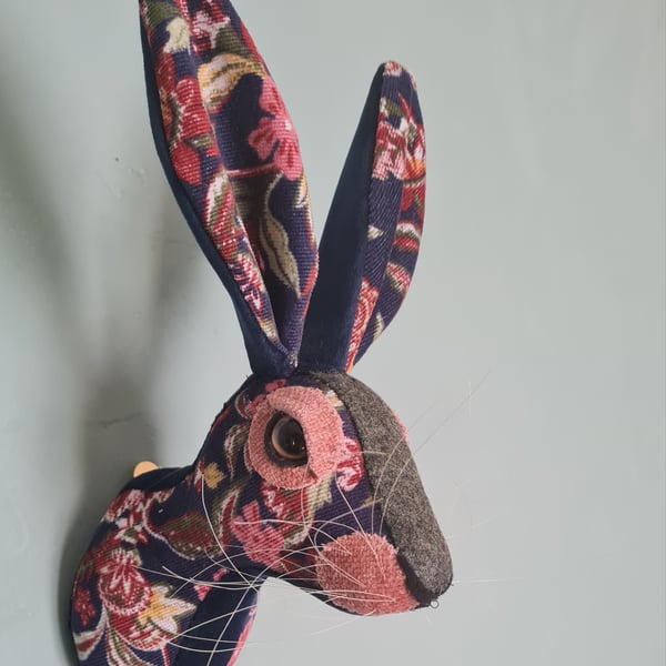 Faux hare head wall mount in floral needlecord fabric- Hemlock