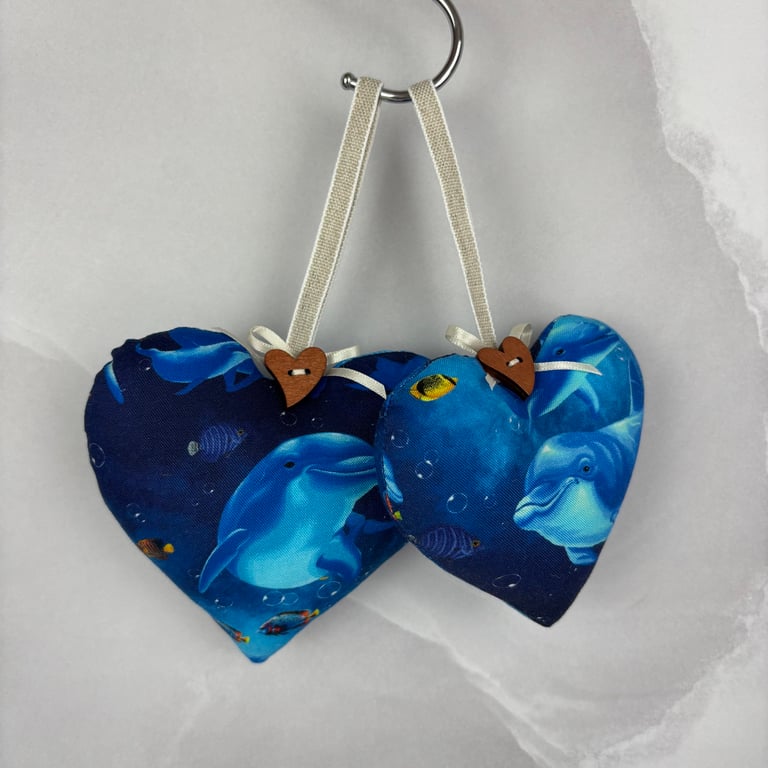 Handmade dolphins hanging fabric hearts set of 2