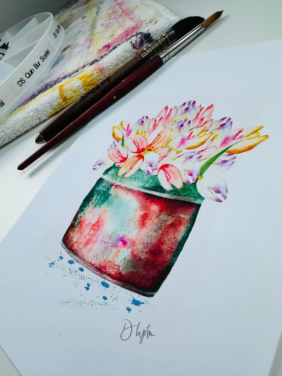 Watercolour Print Vintage Copper Pot Full of Tulips