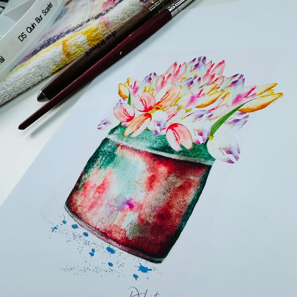 Watercolour Print Vintage Copper Pot Full of Tulips