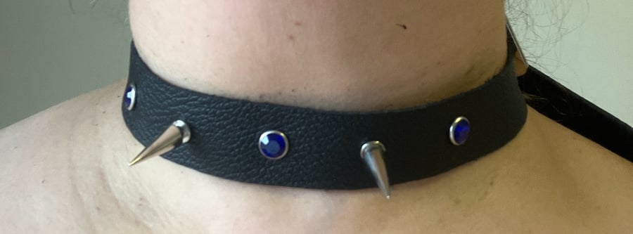 Black Leather Choker with 2 Spikes and 3 Blue Gemstones