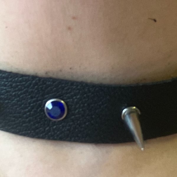 Black Leather Choker with 2 Spikes and 3 Blue Gemstones