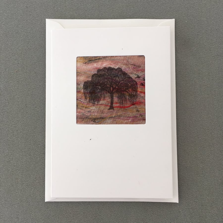 Greeting card, print on hand made silk paper, willow tree silhouette 