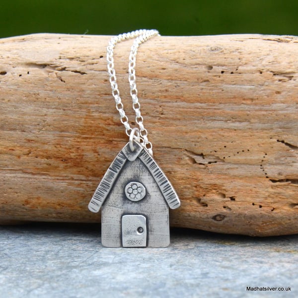 Silver, beach hut pendant, silver house, beach house