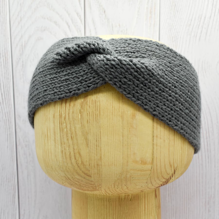Hand Knitted headband ear warmers in dark grey wool adult L
