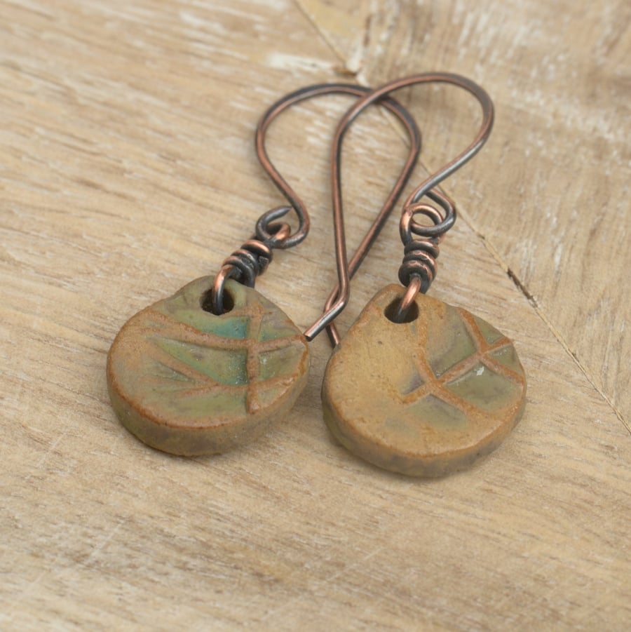 Handmade Ceramic Leaf Drop and Copper Earrings