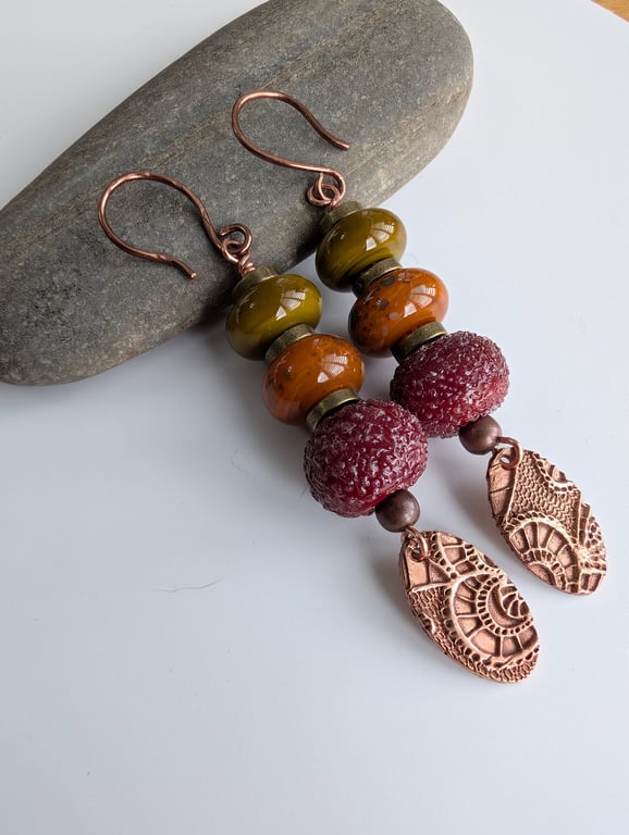 Handmade Copper and Autumn Inspired Lampwork Earrings