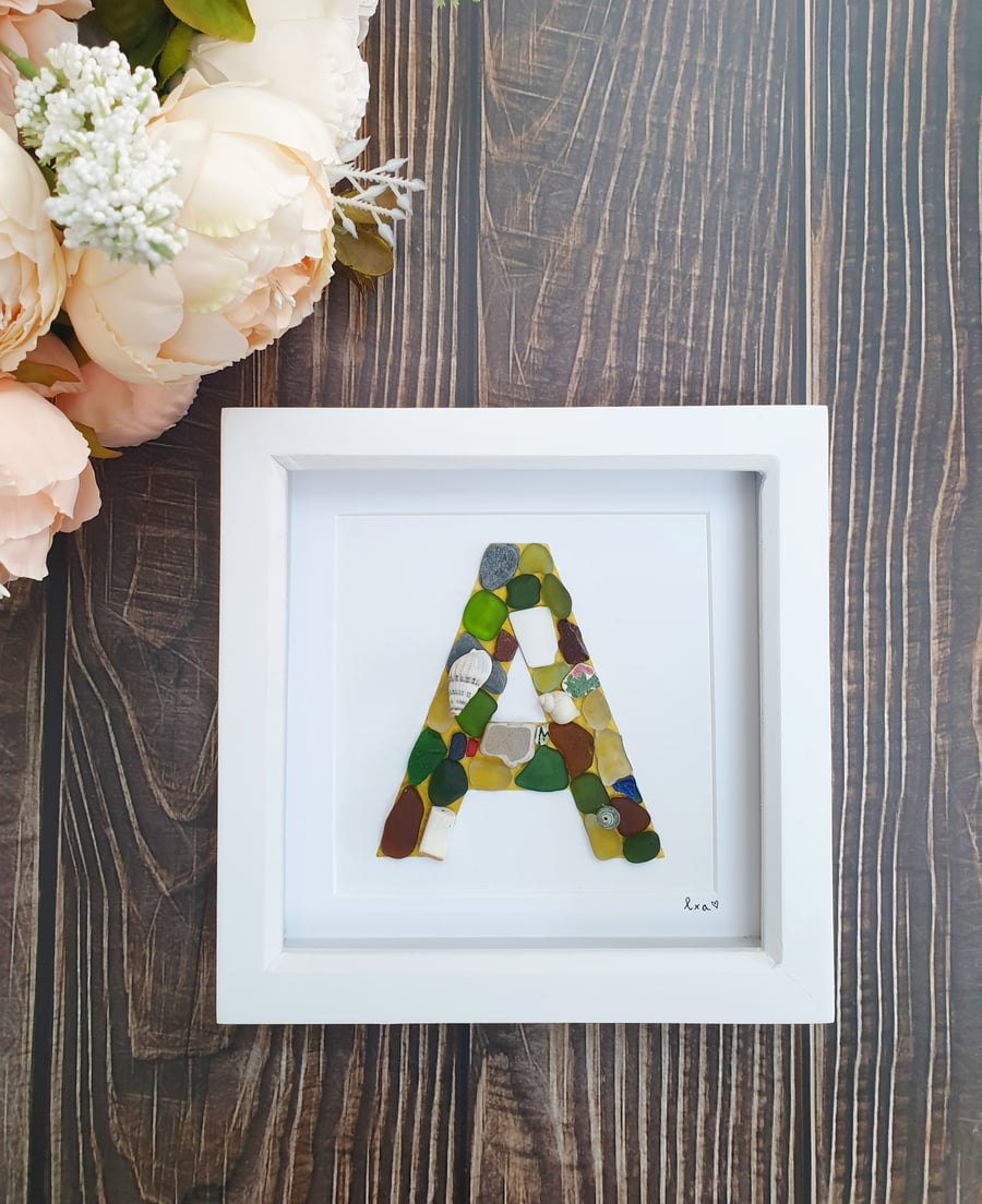 Sea glass, sea pottery and seashells monogram A