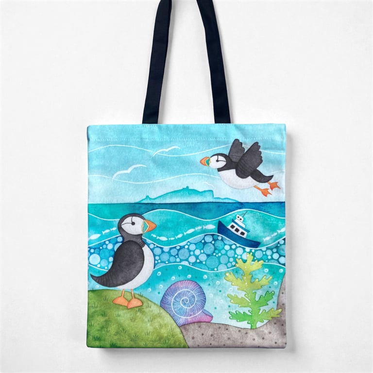 Puffin Shopping Bag - Seaside Tote Bag - Coastal Nautical Cotton Bag