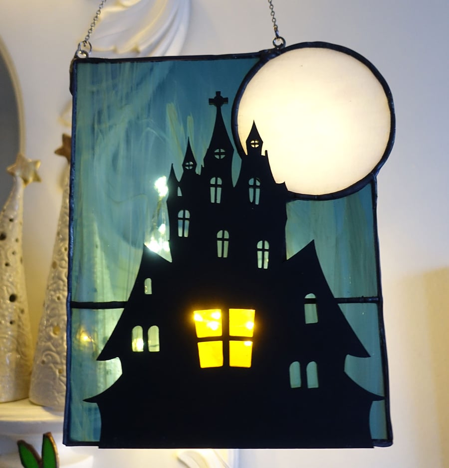 Halloween Haunted House Suncatcher Stained Glass Art 