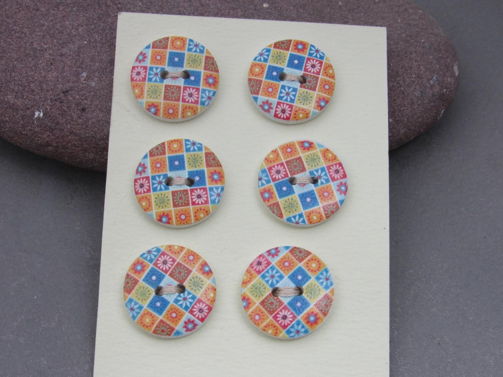 6 Medium Small Painted Round Wooden Craft Buttons
