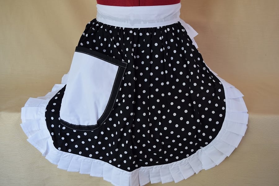 Vintage 50s Style Half Apron Pinny - Black & White Polka Dot with White Trim