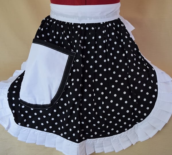 Vintage 50s Style Half Apron Pinny - Black & White Polka Dot with White Trim