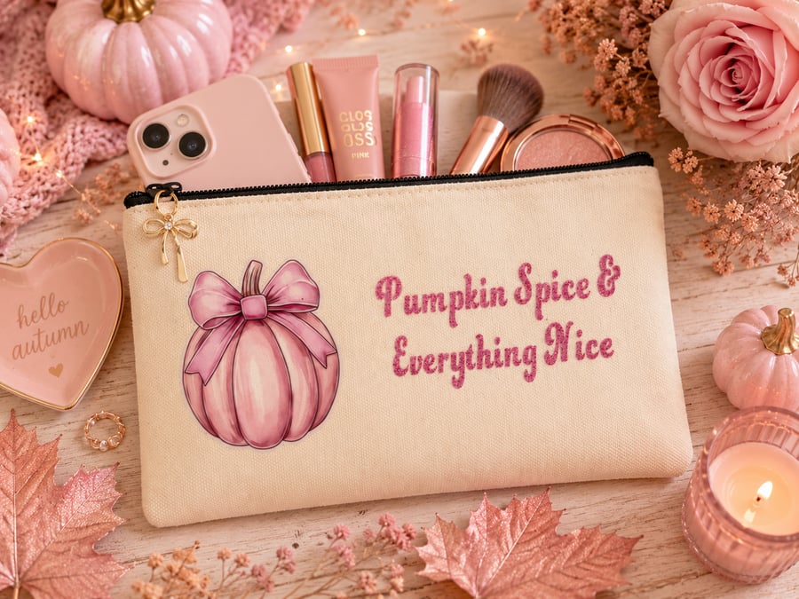 Pink Pumpkin Spice and Everything Nice Makeup Bag Cosmetic Pouch
