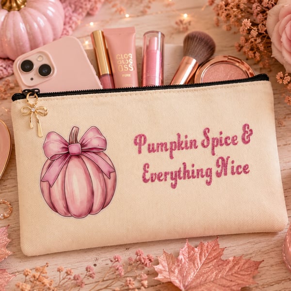 Pink Pumpkin Spice and Everything Nice Makeup Bag Cosmetic Pouch