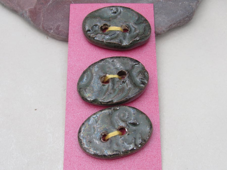 3 Medium Oval Obsidian Brocade Pattern Ceramic Buttons