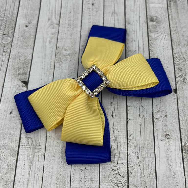 Cobalt Blue and Pale Yellow Double Layer Bow on Clip