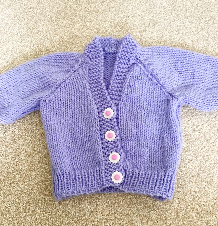 Lilac baby cardigan hand knitted lacy pattern newborn 