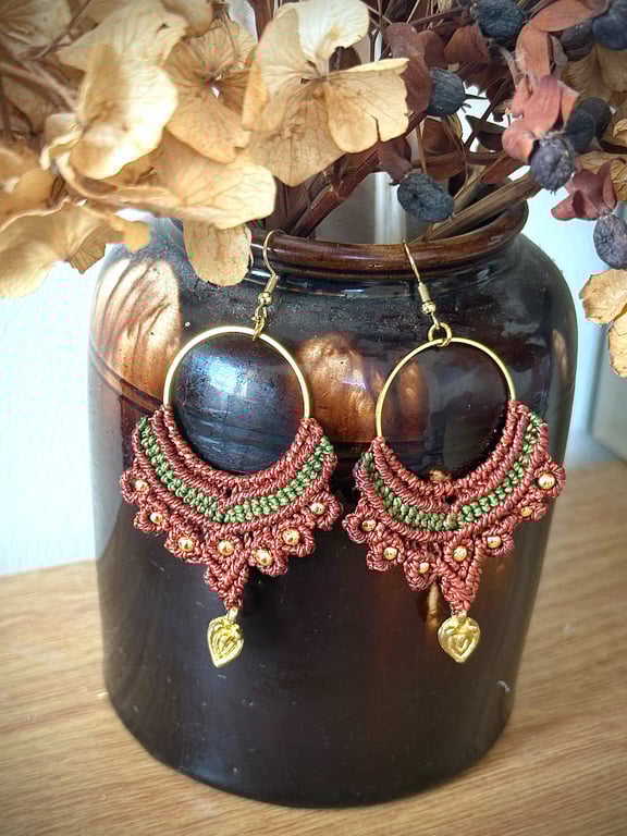 Boho ethnic brass hoop macrame earrings inc Free UK delivery (brown and green)