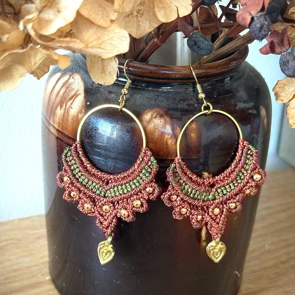 Boho ethnic brass hoop macrame earrings inc Free UK delivery (brown and green)