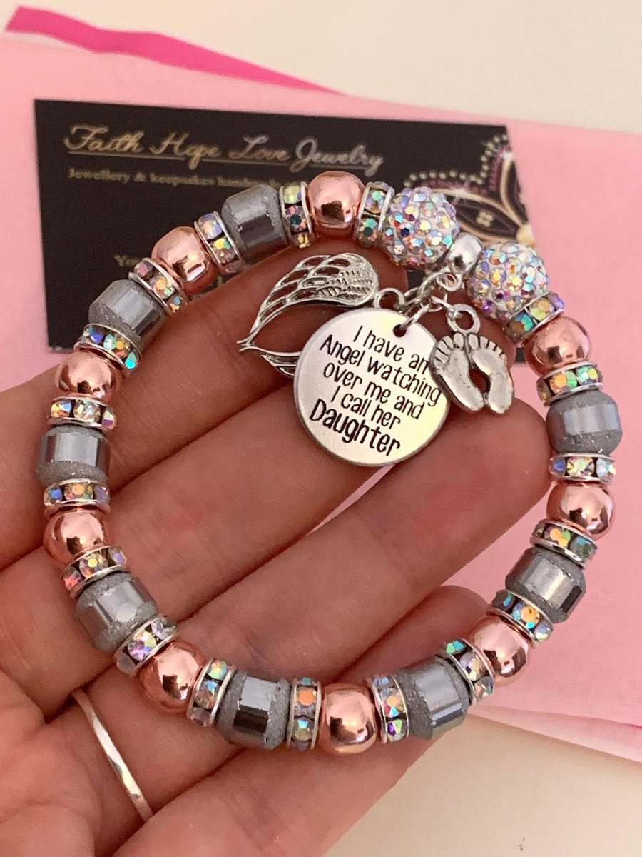 Daughter Heaven Memorial Silver & Rose Gold Hematite Shamballa Bracelet 