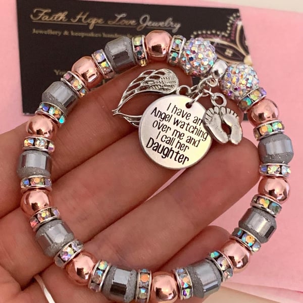 Daughter Heaven Memorial Silver & Rose Gold Hematite Shamballa Bracelet 